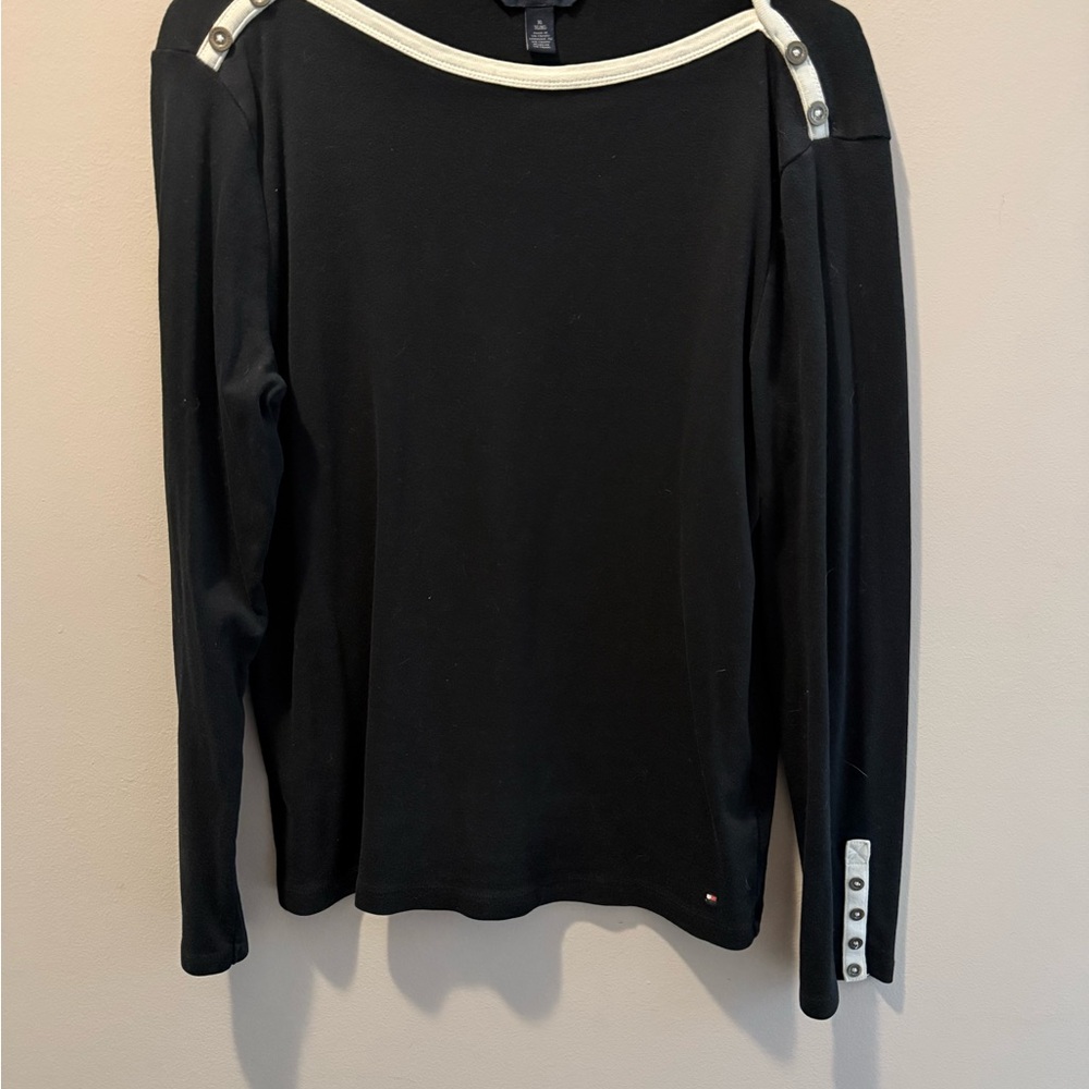 Tommy Hilfiger Black Long Sleeve Button Shoulder Top Size XL